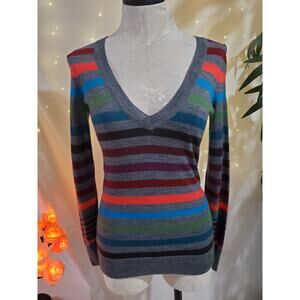 Vtg Y2K The Limited Merino Wool Multi Stripe V-Neck Sweater Womens Size XS Light